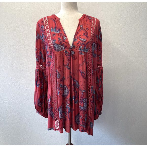 Free People Tunic Top Womens Size M Red Paisley Print Just The Two Of Us Western - Picture 1 of 9